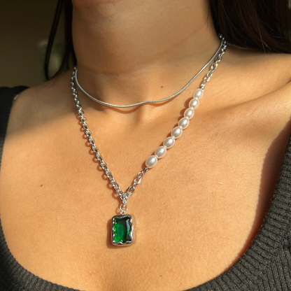 Pearls Emerald Stainless Steel Necklace