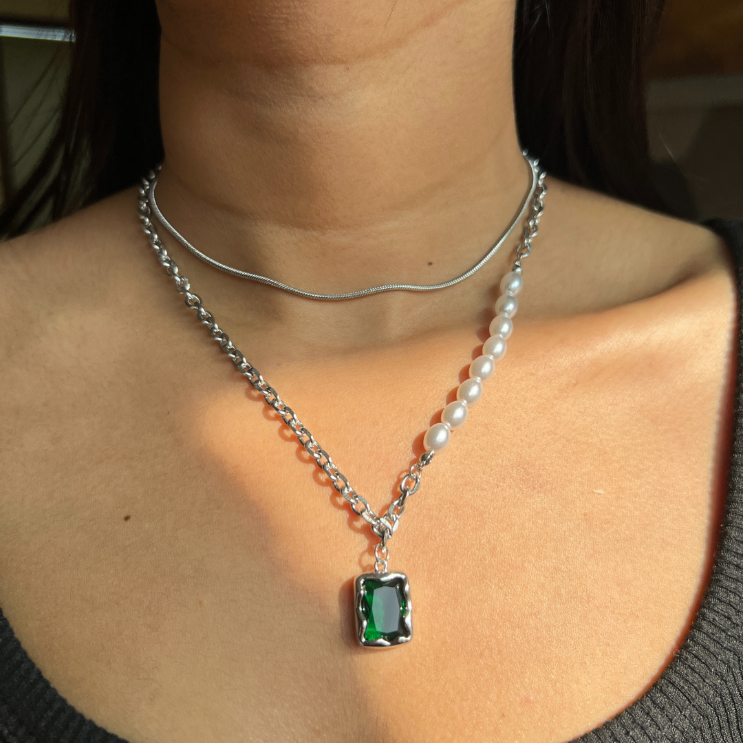 Pearls Emerald Stainless Steel Necklace