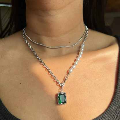 Pearls Emerald Stainless Steel Necklace